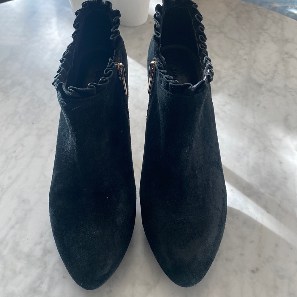 Black suede ruffle bootie